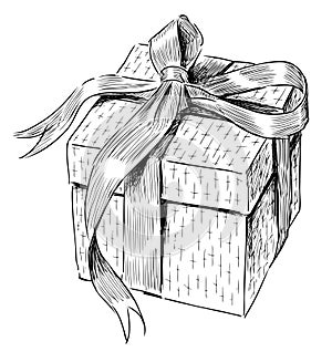 Sketch of one gift box with ribbon tied in decorative bow, vector drawing isolated on white