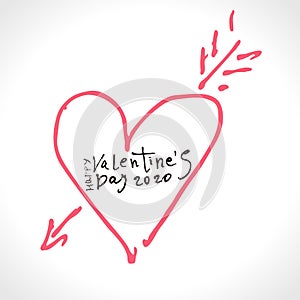 Sketch outline heart by arrow with the inscription you and me. Happy Valentine`s Day 2020 handwritten lettering.