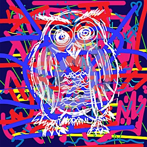 Sketch owl on an abstract background drawn by hand. Print, graffiti, doodle. Vector illustration