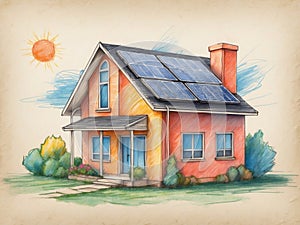 Sketch paint drawing of isolated electricity offgrid house with alternative solar panels powered energy source. Renewable green