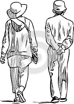 Sketch of couple of citizens walking down the street photo