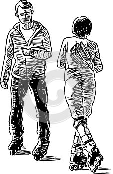 Sketch of a pair of townspeople on the roller skates stopping for a talk