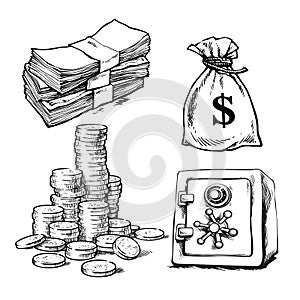 Sketch of paper money, stack of coins, sack of dollars, bank safe. Finance, money vector set.