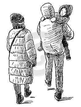 Sketch of parents couple with little child walking outdoors