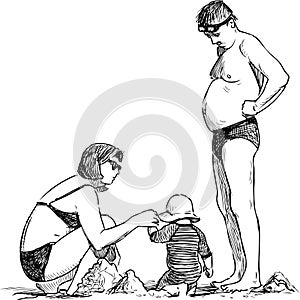 Sketch of parents with their baby sunbathing on beach