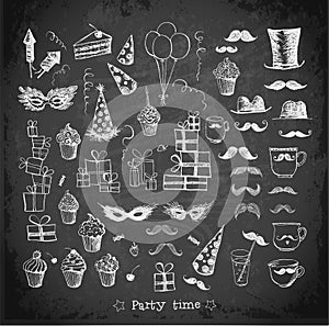 Sketch party objects hand-drawn on blackboard