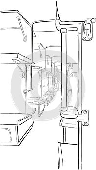 Sketch of passenger train interior.