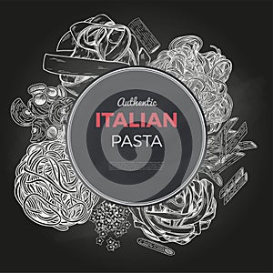 Sketch pasta banner, vector hand drawn illustration. Chalkboard background.
