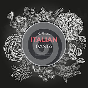 Sketch pasta banner, vector hand drawn illustration. Chalkboard background.