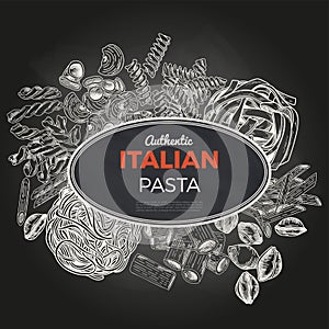 Sketch pasta banner, vector hand drawn illustration. Chalkboard background.