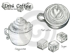 Sketch pencil line of Coffee cappuccino, Flat white, Latte art Illustrations design for drink backdrop, restaurant, cafe, bar,