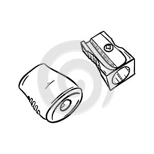 Sketch of pencil sharpeners. Stationery, office supplies for school children and artists. Engraving style. Digital drawing. Hand