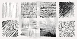 Sketch pencil texture set. Pen hatch effect, black scribble chalk, grunge freehand vector. Handmade pencil lines