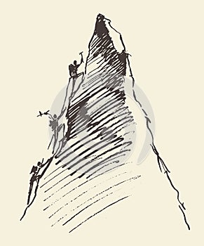 Sketch people climbing mountain peak vector.