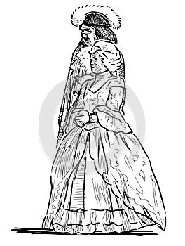 Sketch of people couple in historical costumes of 18th century