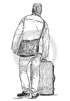 Sketch of a person with a heavy suitcase going for a trip