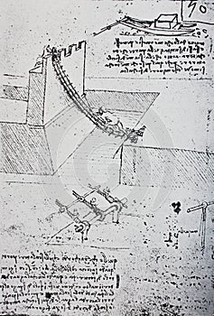 The sketch of person, who gets to a buidling. Manuscripts of Leonardo da Vinci. Code B Folio 50 recto in the vintage book Leonardo