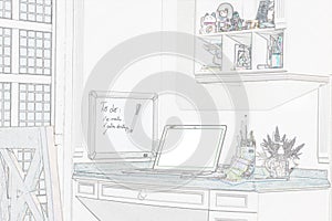 Sketch photo of home office area with wooden desktop and white walls
