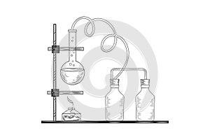 Sketch of a physics or chemical laboratory experiment and equipment. Vector pharmaceutical glass flasks, beakers and