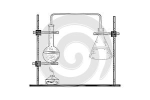 Sketch of a physics or chemical laboratory experiment and equipment. Vector pharmaceutical glass flasks, beakers and