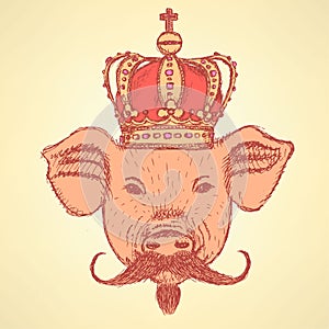 Sketch pig in crown with mustache, vector background