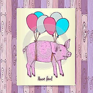 Sketch pig flying with baloons