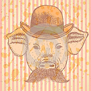 Sketch pig in hat with mustche, vector ackground