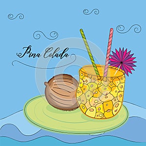 Sketch of a pina colada drink with umbrella and coconut Tropical cocktail Vector