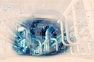 Sketch piping design mixed with industrial equipment photo