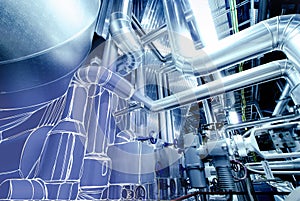 Sketch of piping design mixed to power plant photo