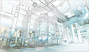 Sketch of piping design mixed to power plant photo