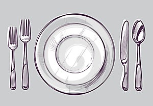 Sketch plate fork and knife. Dinner cutlery and empty dish on table, dining silverware top view hand drawn doodle vector