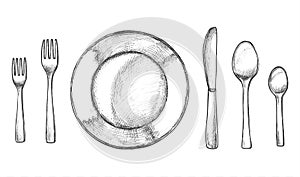 Sketch of plate and spoon, fork and knife