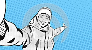 Sketch Portrait Of Young Man In Winter Clothes Take Selfie Photo Pointing hand To Copy Space Over Colorful Retro Style