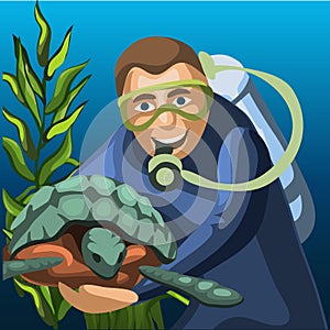 Sketch of a poster of a male diver and a large sea turtle. Vector cartoon close-up illustration.