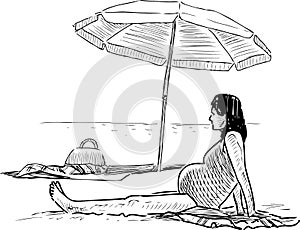 Sketch of pregnant woman sunbathing by the seashore