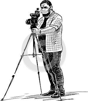 Sketch of professional photographer in mask shooting on camera