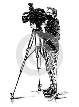 Sketch of professional videographer filming on camera