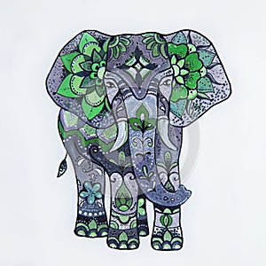 Sketch purple elephant with beautiful patterns.