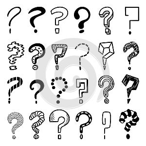 Sketch question marks. Why signs, questions doodle mark set. Interrogative hand drawn point, doubt symbols. Think or