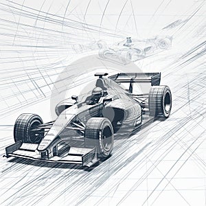 sketch of a racing car on a white background. 3d rendering, Sport car racing formula one race track line art, AI Generated