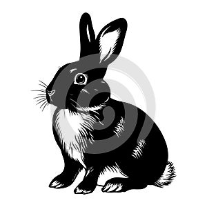 Sketch Realistic Rabbit Silhouette Illustration. Furry Easter Bunny Black Ink Silhouette on White Background.