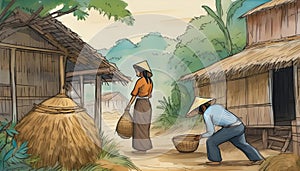 sketch of residents' activities in a village photo