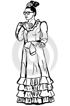 Sketch retro young woman spectacled and long dress