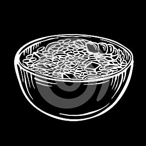 Sketch rice in bowl / cartoon hand drawn illustration, black and white, ink, sketch style
