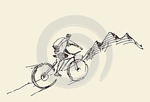 Sketch rider bicycle standing top hill vector