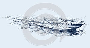 Sketch of river boat going at high speed on water surface