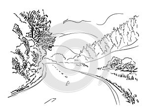Sketch of road on hilly landscape, Hand drawn vector nature