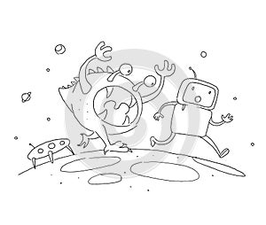 Sketch robot male character, an astronaut escapes runs from a monster on another planet. 404 error not page. Hand drawn