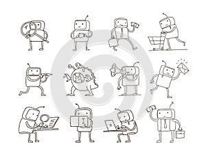 Sketch robot set alien character with business mail search money. Different situations. Hand drawn black line vector